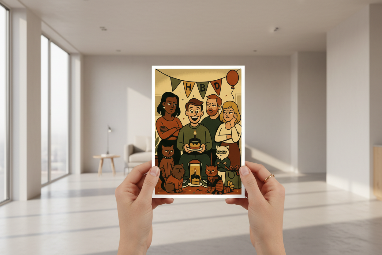 Illustration of a group of people and cats celebrating a birthday with 'HBD' banner.