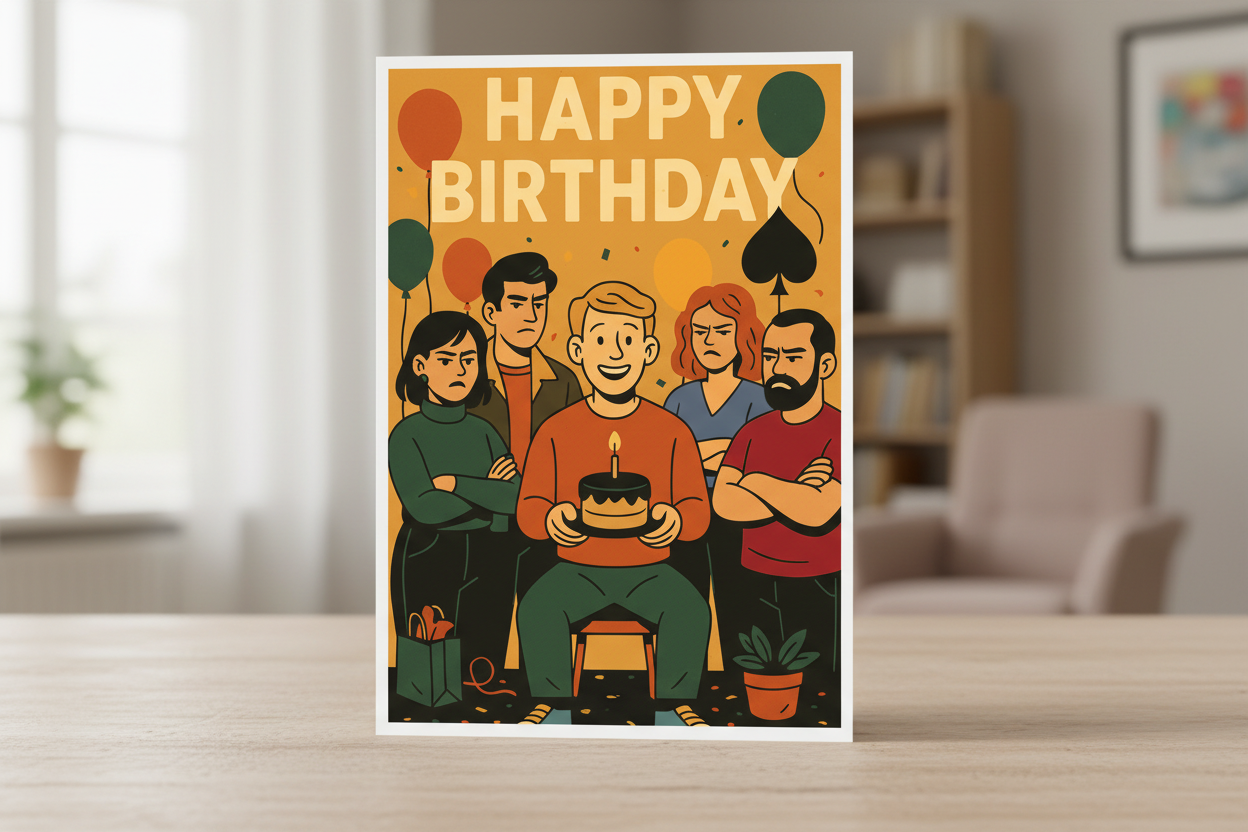 Cartoon illustration of a birthday celebration with a person holding a cake and surrounded by friends on an orange background.